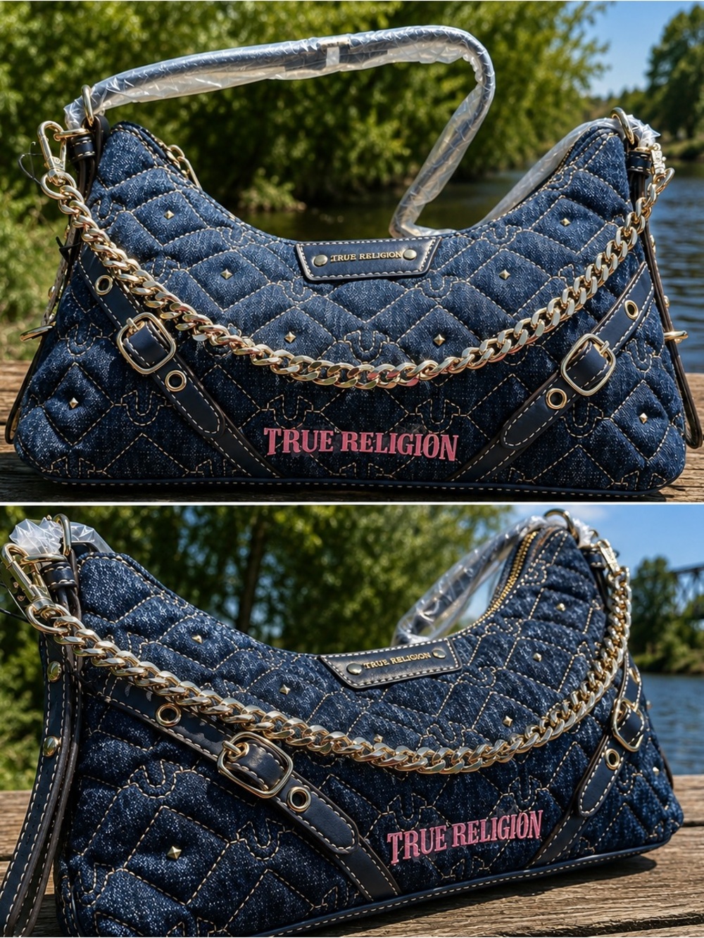 True Religion Quilted Denim Shoulder Bag in Navy with Pink Logo